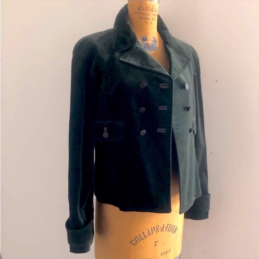 Gucci] RTW COLLECTION. Dark Green Logo Double breasted Velvet Blazer Pea Coat